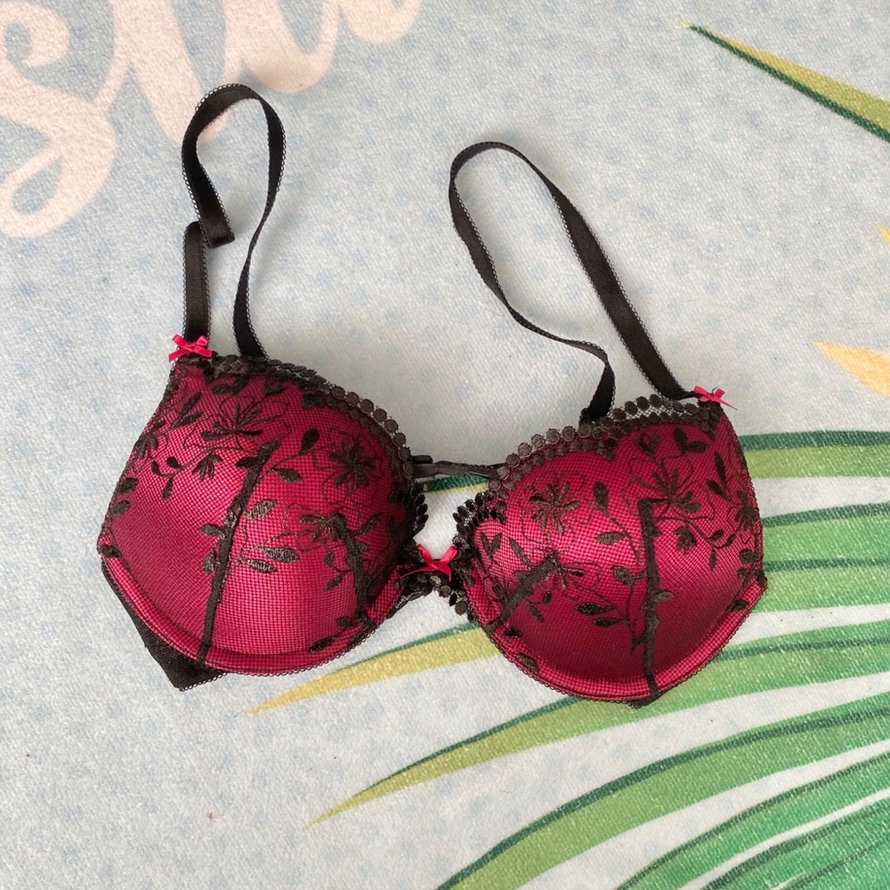 AdoreMe Black and Hot Pink Lace Push Up Bra 32C